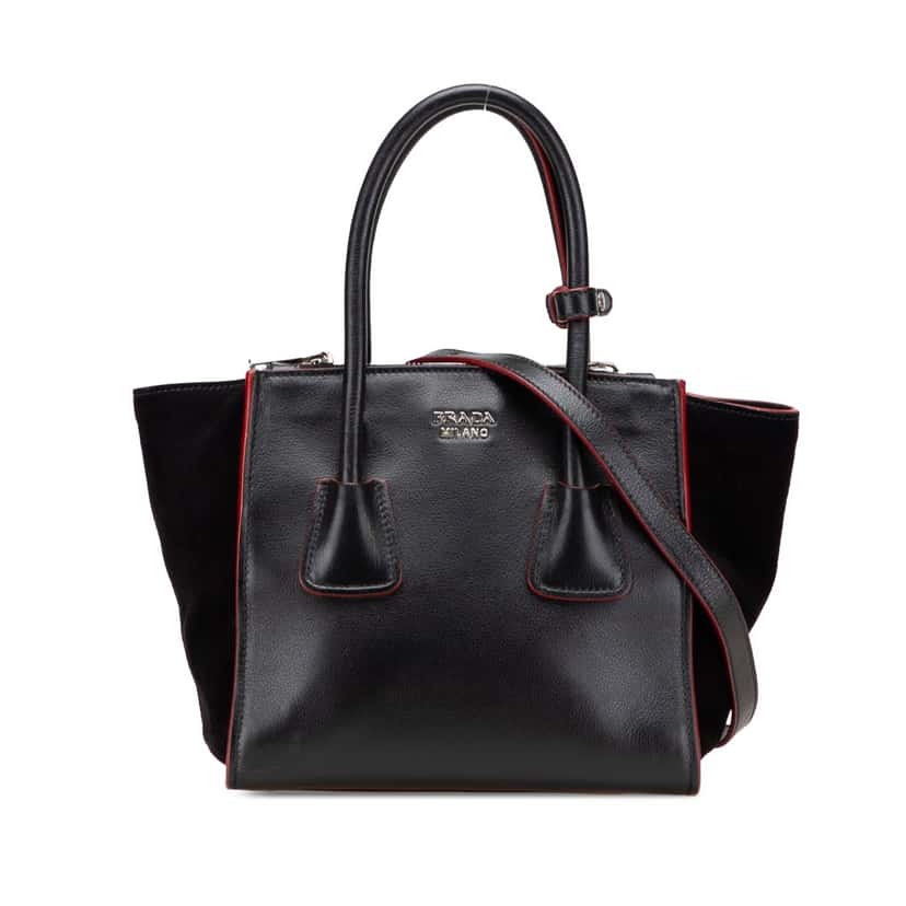 Prada Mini Scamosciato Trimmed Glace Calf Twin Pocket Satchel Black Leather Good condition - Front View