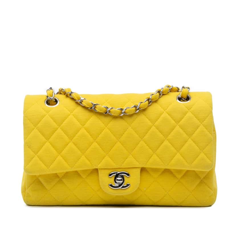 Chanel Medium Classic Jersey Double Flap Yellow Polyester Good condition - Front View