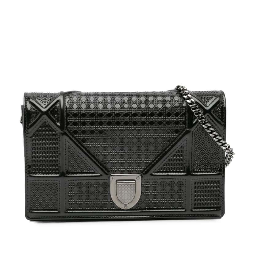 Dior Metallic Patent Microcannage Diorama Wallet on Chain Black Leather Good condition - Front View