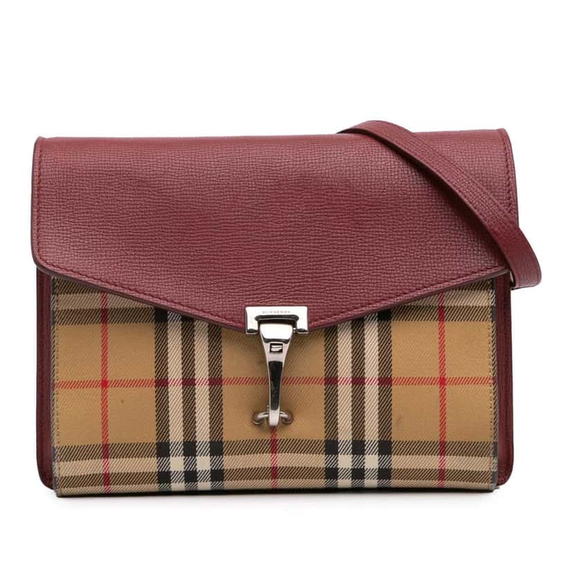 Burberry Small Leather and House Check Canvas Derby Macken Crossbody Red Leather Good condition - Front View