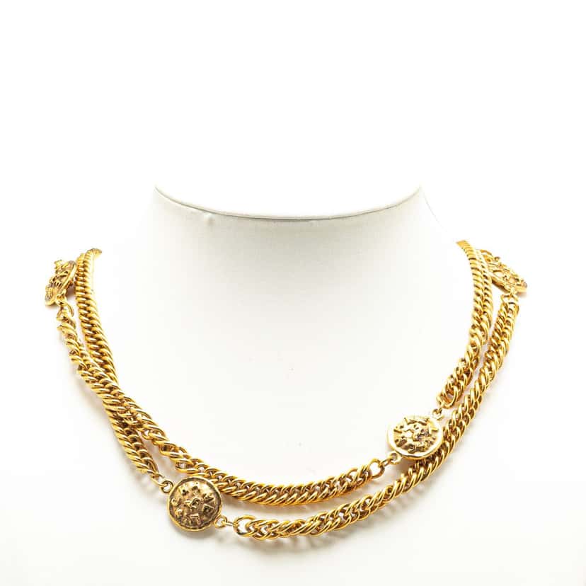 Chanel Gold Plated Medallion Station Long Necklace Gold Metal Good condition - Model View