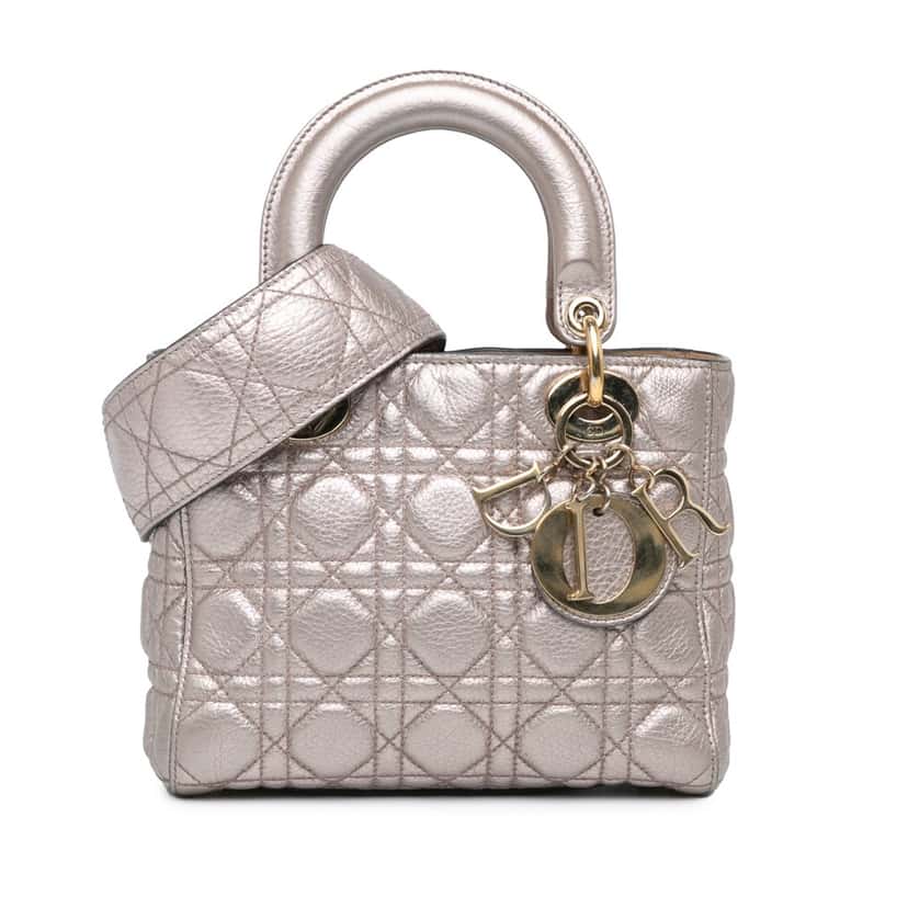 Dior Small Metallic Grained Calfskin Cannage Supple Lady Dior Silver Leather Good condition - Front View