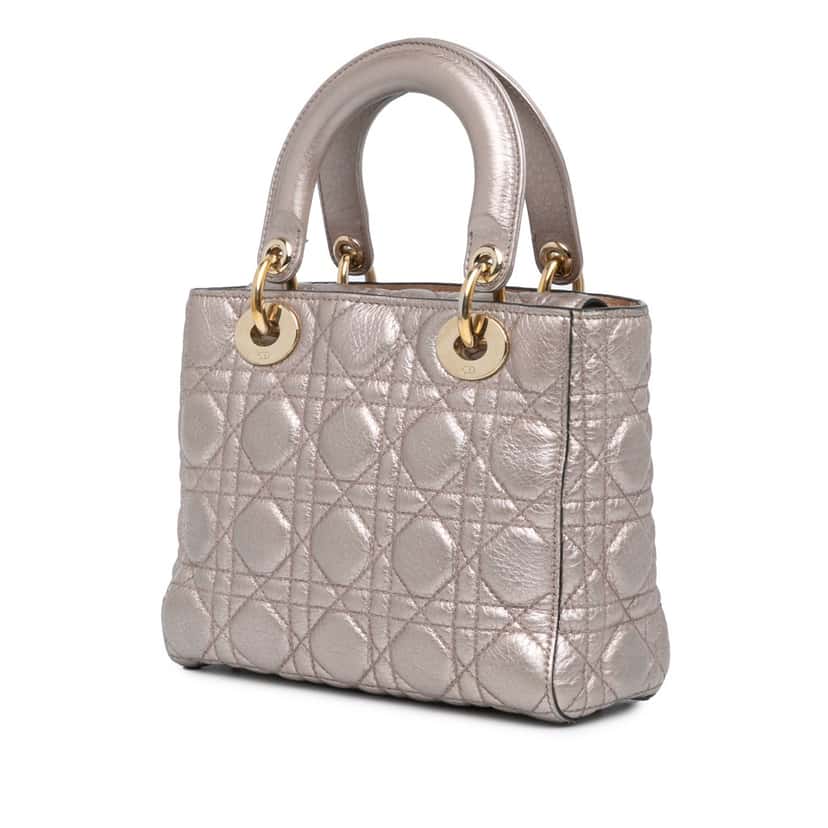 Dior Small Metallic Grained Calfskin Cannage Supple Lady Dior Silver Leather Good condition - Back View