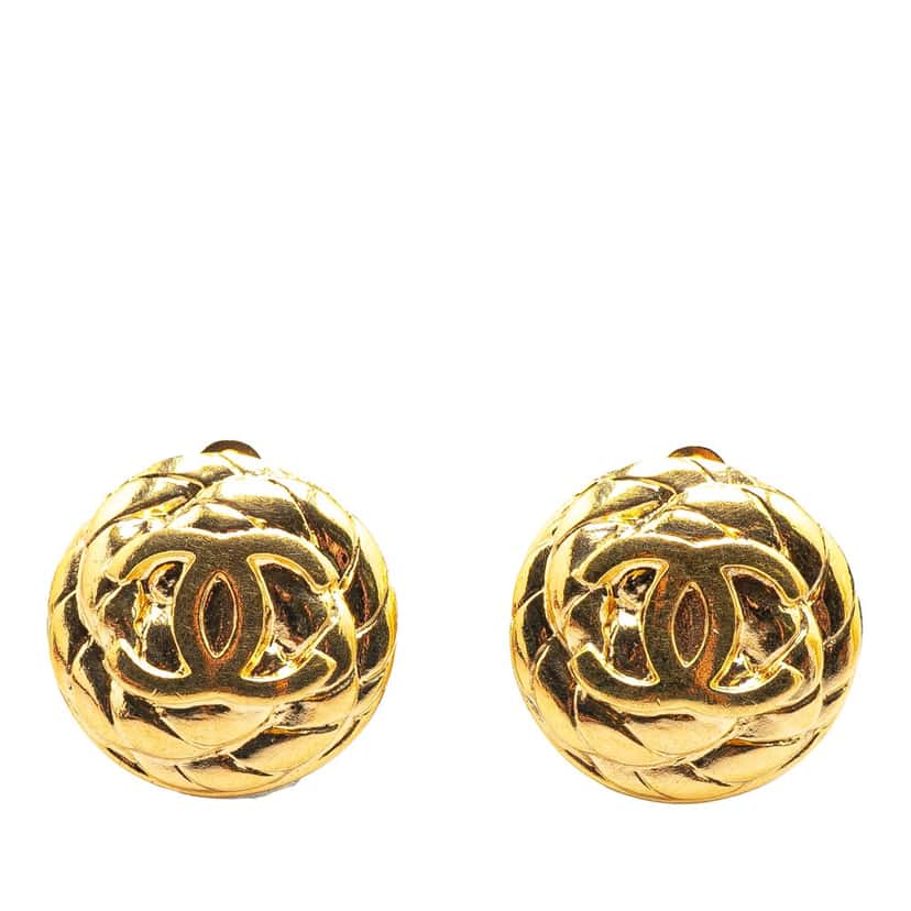 Chanel Gold Plated CC Quilted Round Clip On Earrings Gold Metal Good condition - Front View