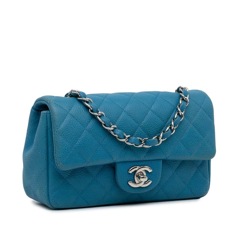 Chanel Mini Rectangular Classic Caviar Single Flap Blue Leather Good condition - Back View