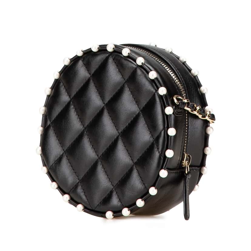 Chanel Quilted Calfskin Pearl Studded Round Clutch with Chain Black Leather Good condition - Back View