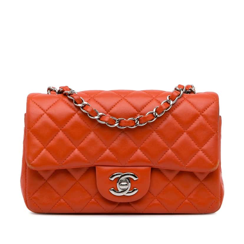 Chanel Mini Rectangular Classic Lambskin Single Flap Orange Leather Very good condition - Front View