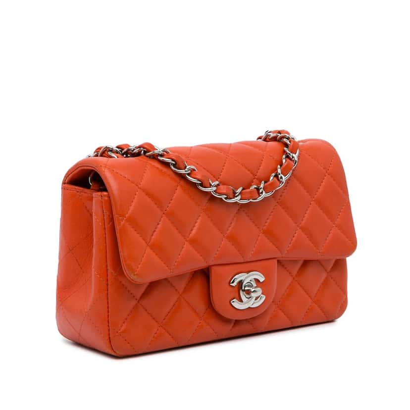 Chanel Mini Rectangular Classic Lambskin Single Flap Orange Leather Very good condition - Back View