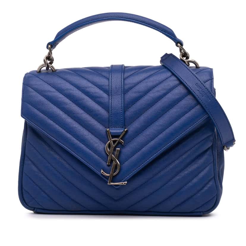 Saint Laurent Medium Quilted Chevron Sheepskin College Satchel Blue Leather Good condition - Front View