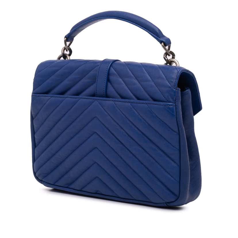 Saint Laurent Medium Quilted Chevron Sheepskin College Satchel Blue Leather Good condition - Back View