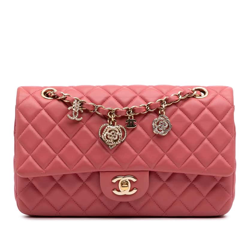 Chanel Medium Classic Lambskin Valentines Heart Charms Single Flap Pink Leather Good condition - Front View