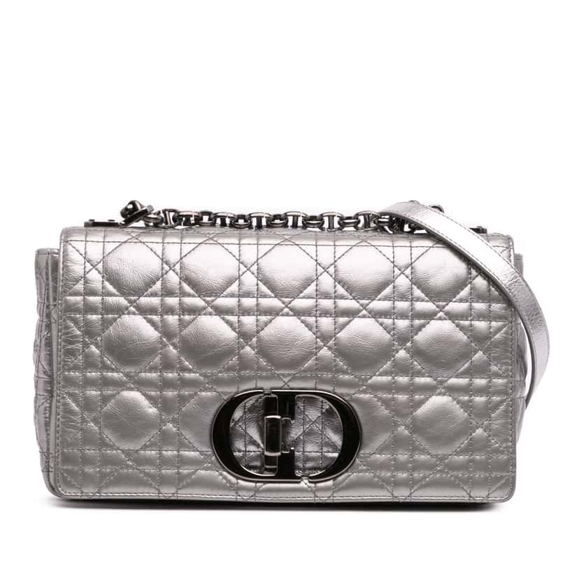 Dior Medium Metallic Calfskin Cannage Supple Caro Bag Silver Leather Good condition - Front View