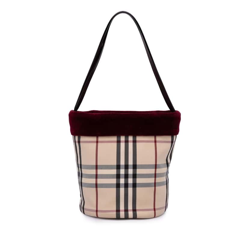 Burberry Velvet Trimmed House Check Canvas Bucket Bag Brown Canvas Good condition - Front View