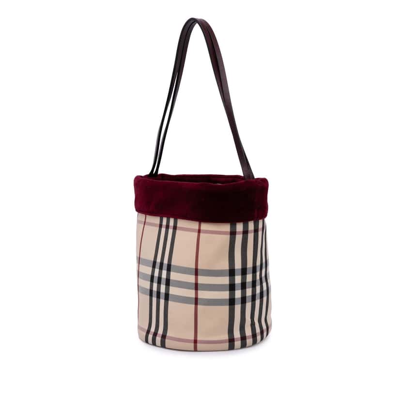 Burberry Velvet Trimmed House Check Canvas Bucket Bag Brown Canvas Good condition - Back View
