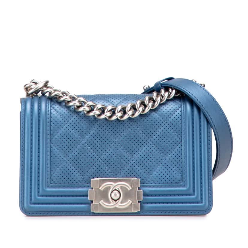 Chanel Small Quilted Perforated Metallic Lambskin Boy Flap Blue Leather Good condition - Front View