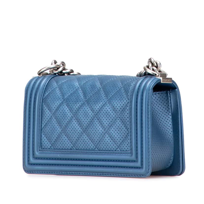Chanel Small Quilted Perforated Metallic Lambskin Boy Flap Blue Leather Good condition - Back View