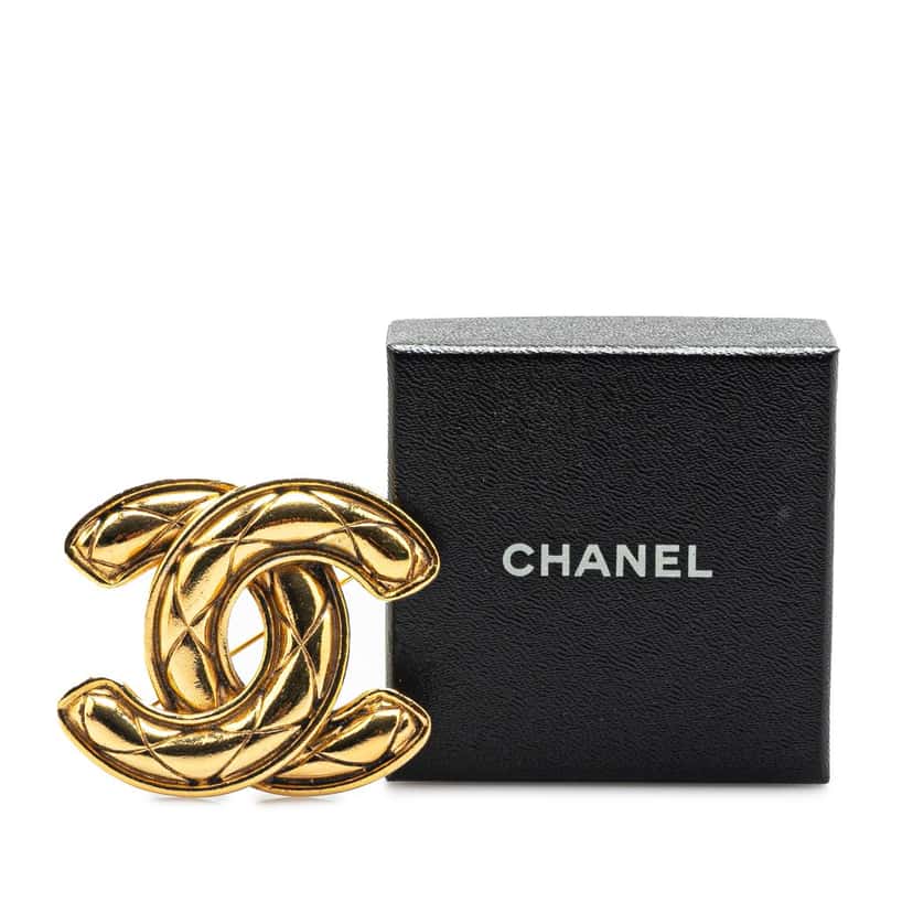Chanel Gold Plated CC Quilted Brooch Gold Metal Good condition - Box View