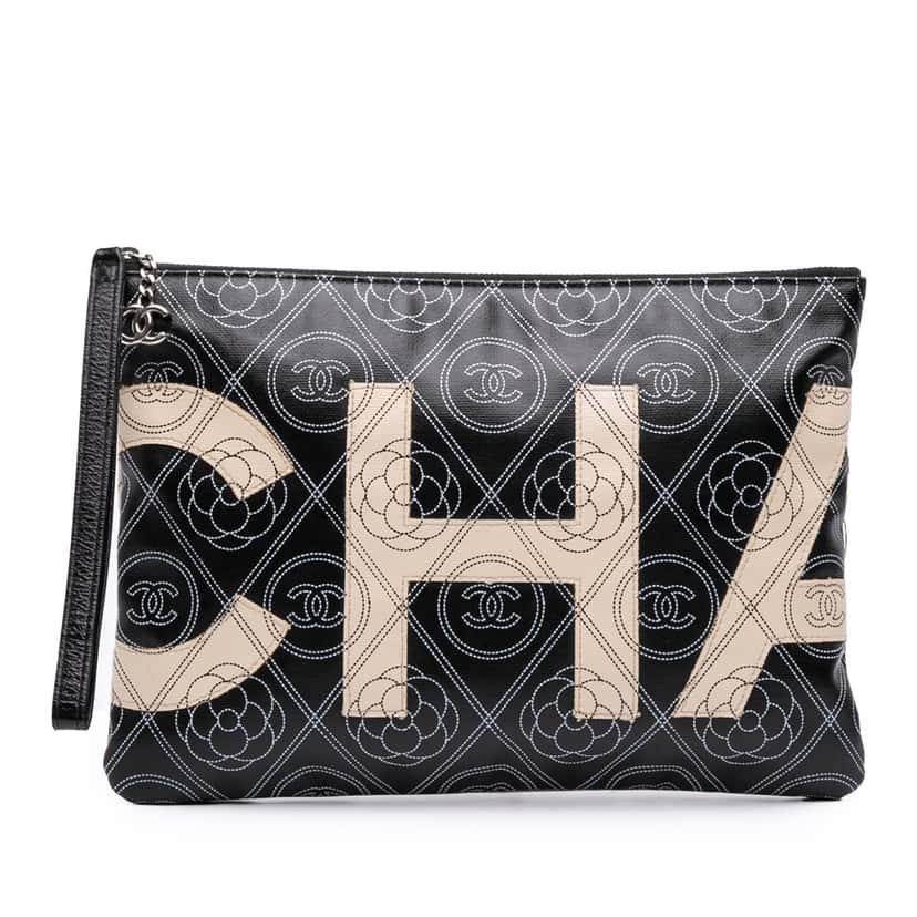 Chanel Coated Canvas Camellia Logo Wristlet Clutch Black Canvas Good condition - Front View