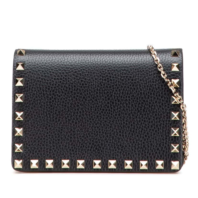 Valentino Pebbled Calfskin Rockstud Chain Wallet Black Leather Good condition - Front View