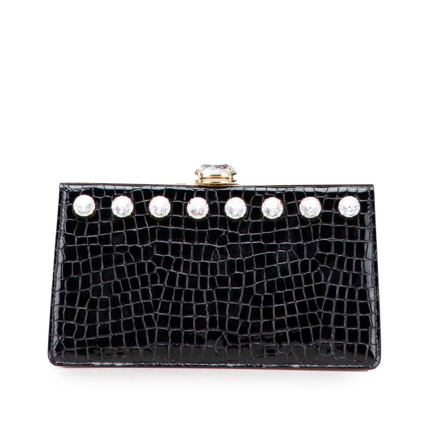 Miu Miu Croc Embossed Leather Crystal Embellished Solitaire Clutch Black Leather Good condition - Front View