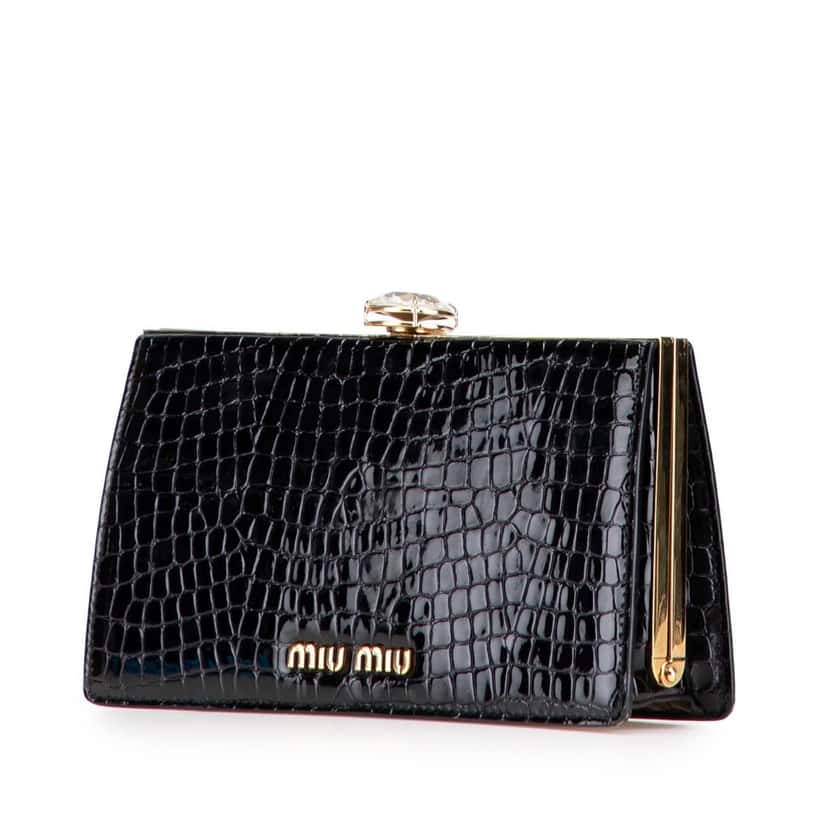 Miu Miu Croc Embossed Leather Crystal Embellished Solitaire Clutch Black Leather Good condition - Back View