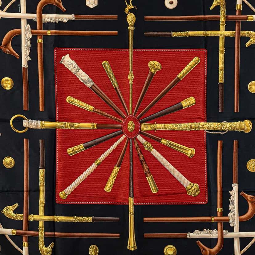 Hermès Cannes et Pommeaux Silk Scarf Black Silk Good condition - Back View