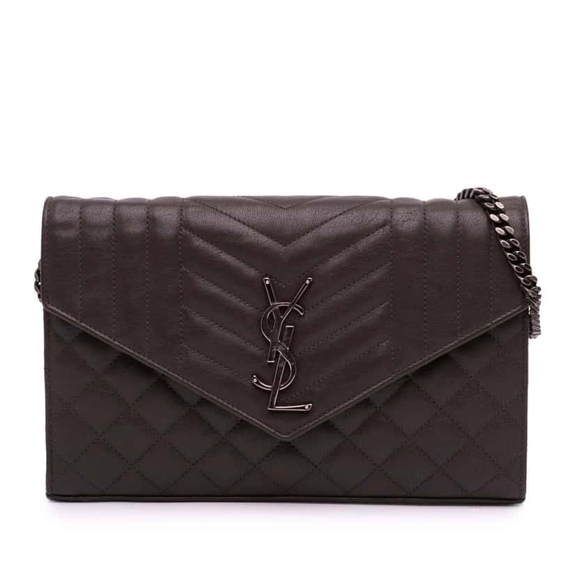 Saint Laurent Triquilt Sheepskin Monogram Envelope Wallet on Chain Brown Leather Good condition - Front View