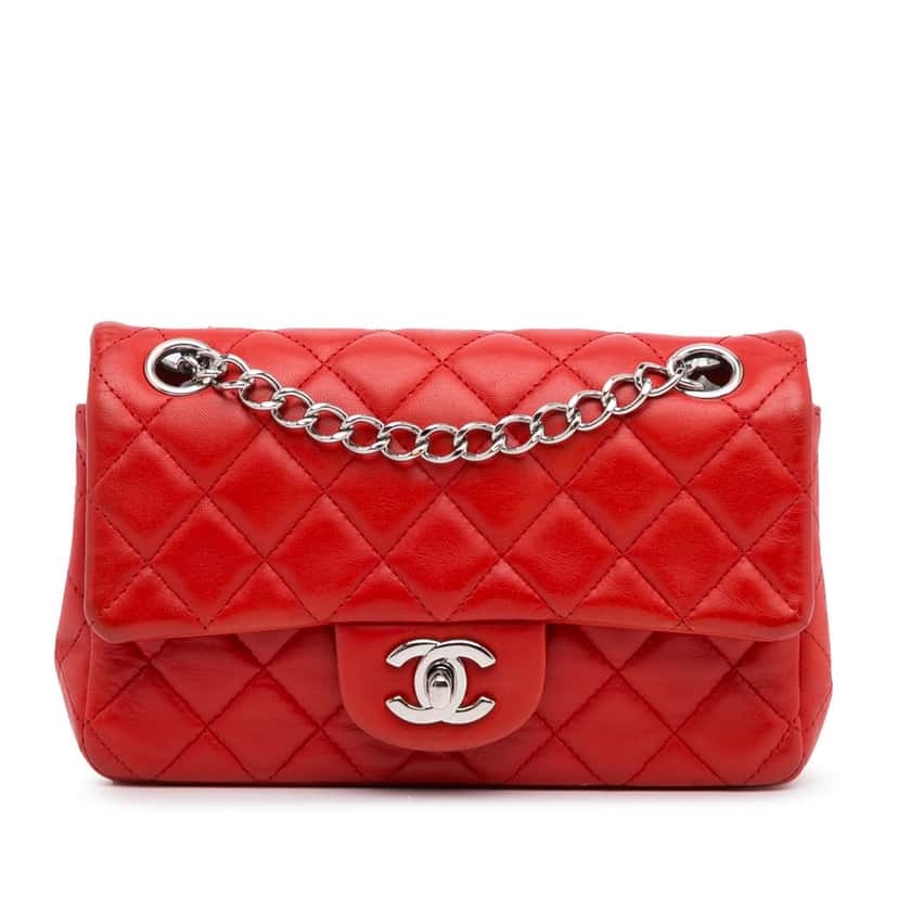 Chanel New Mini Rectangular Classic Lambskin Single Flap Red Leather Good condition - Front View