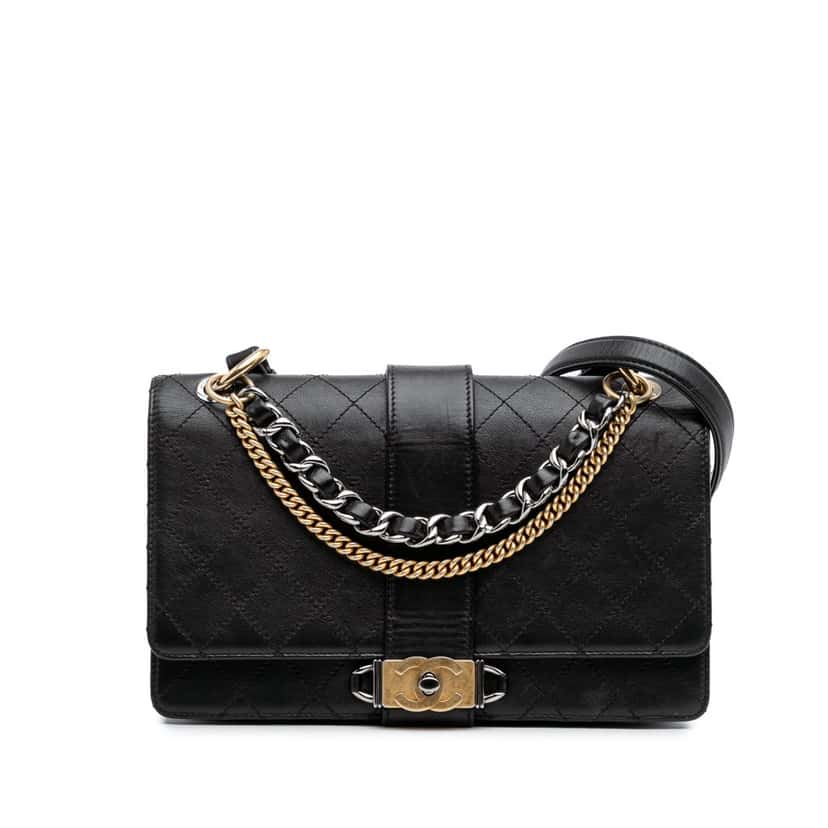 Chanel Quilted Calfskin Double Chain Top Handle Flap Black Leather Good condition - Front View