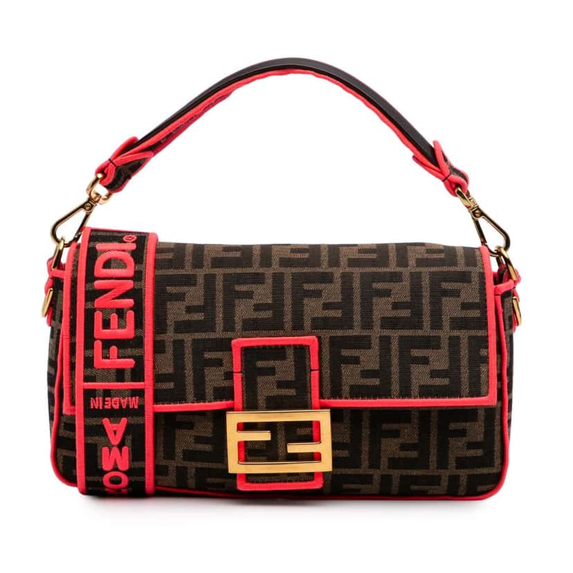 Fendi Medium Zucca Canvas Fluo Trim Baguette Satchel Brown Canvas Good condition - Front View