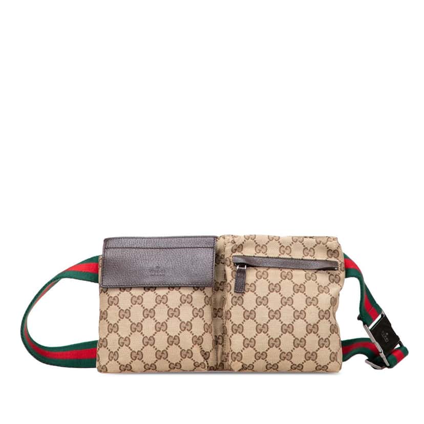 Gucci GG Canvas Web Double Pocket Belt Bag Brown Canvas Good condition - Front View
