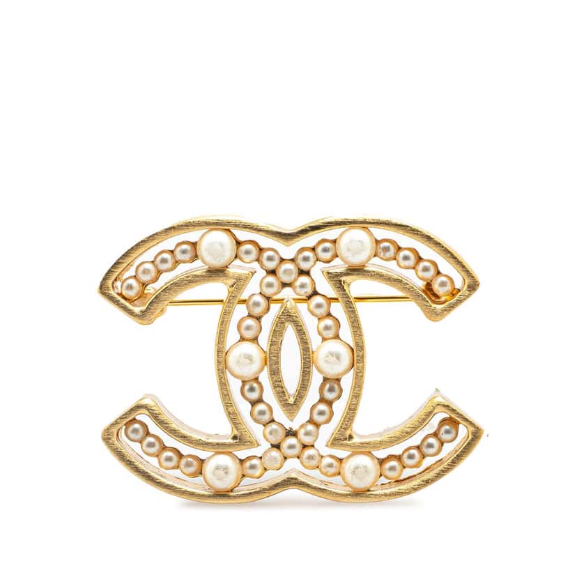 Chanel Gold Plated Faux Pearl CC Brooch Gold Metal Good condition - Front View