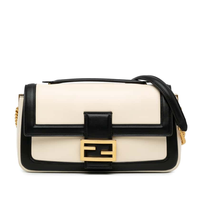 Fendi Bicolor Leather Chain Midi Baguette White Leather Good condition - Front View