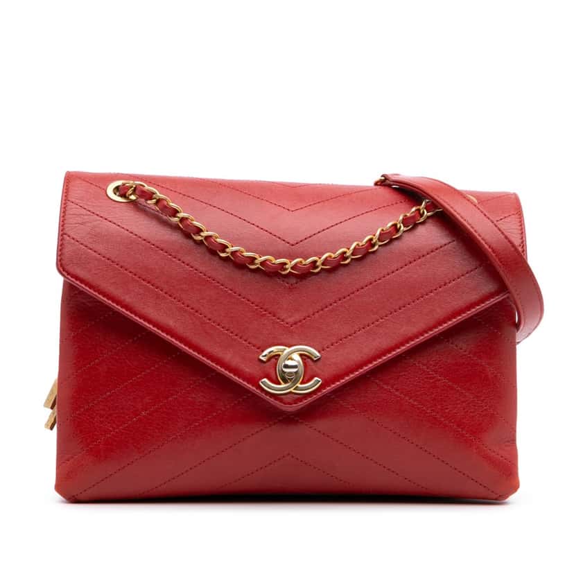 Chanel Chevron Lambskin Coco Envelope Flap Red Leather Good condition - Front View