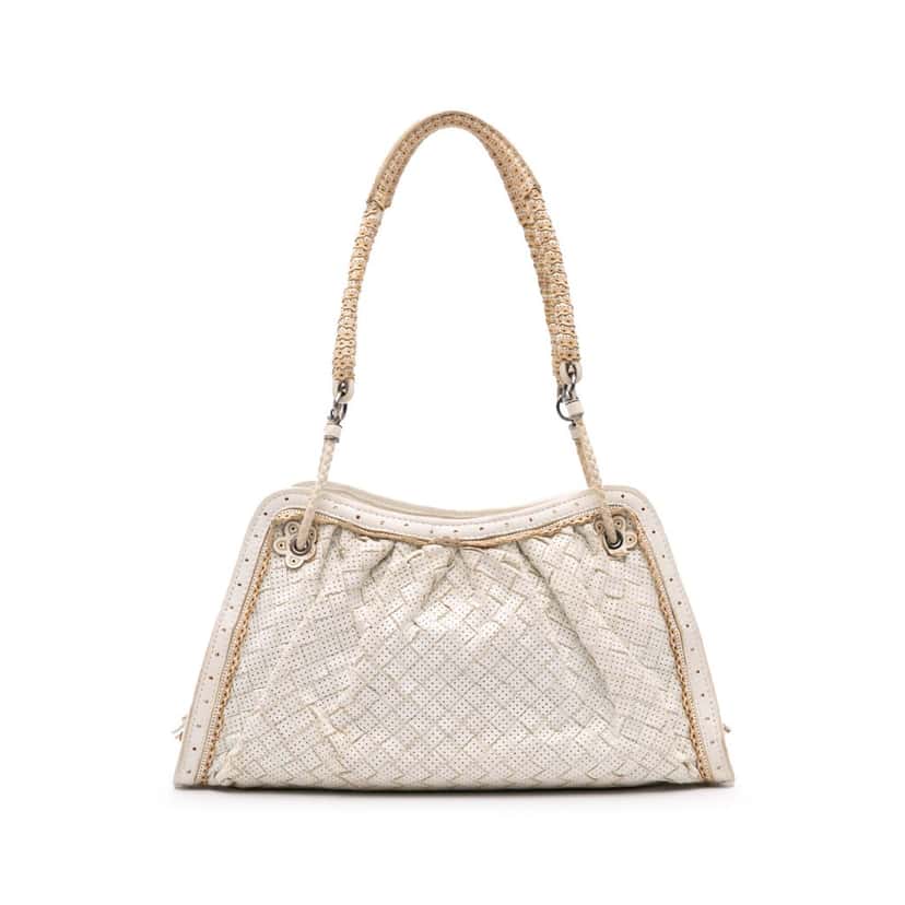 Bottega Veneta Woven Perforated Leather Shoulder Bag White Leather Good condition - Front View
