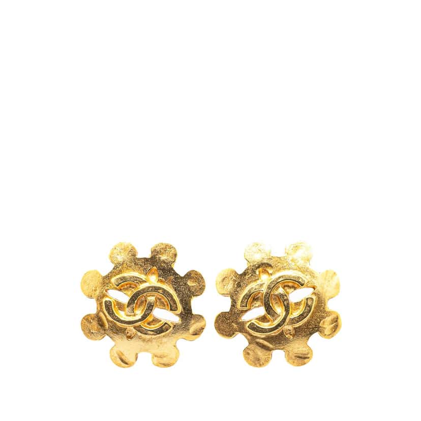 Chanel Gold Plated CC Flower Clip On Earrings Gold Metal Good condition - Front View