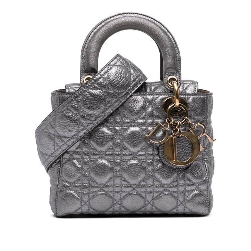 Dior Small Metallic Grained Calfskin Cannage Supple Lady Dior Silver Leather Good condition - Front View
