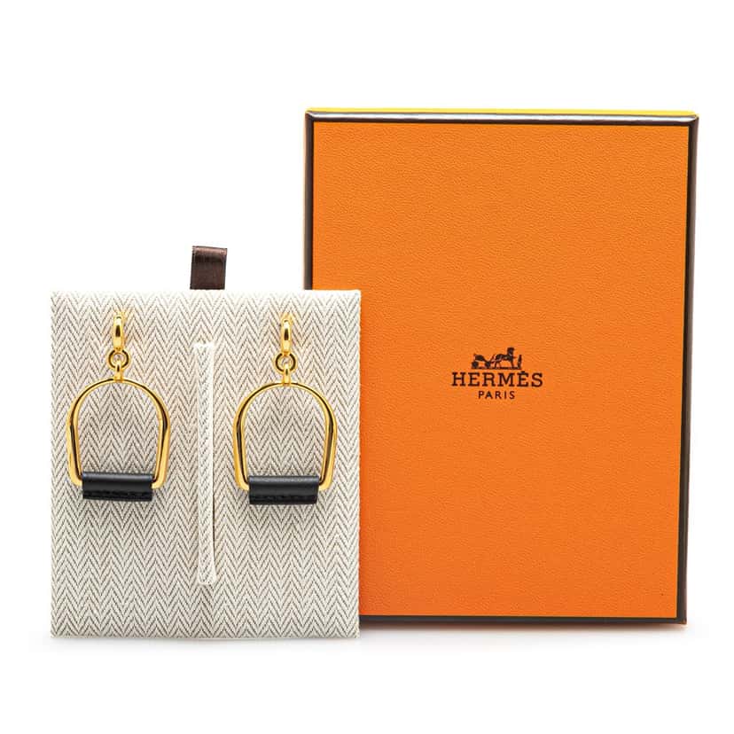 Hermès Large Gold Plated Heritage Equestre Etrier Push Back Earrings Gold Metal Good condition - Box View