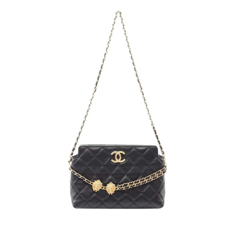 Chanel Quilted Lambskin Leo Shoulder Bag Black Leather Good condition - Front View