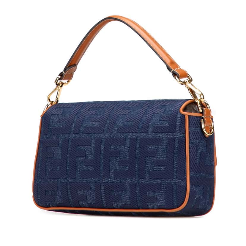 Fendi Zucca Embroidered Denim Baguette Satchel Blue Denim Good condition - Back View
