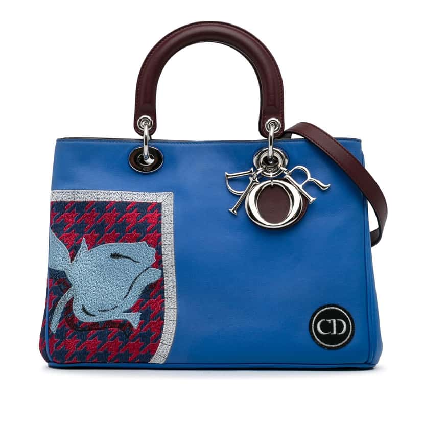 Dior Medium Embroidered Diorissimo Satchel Blue Leather Good condition - Front View