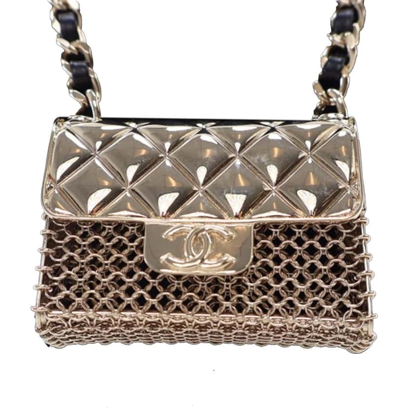 Chanel Leather and Gold Plated Classic Flap Bag Pendant Necklace Gold Metal Good condition - Front View