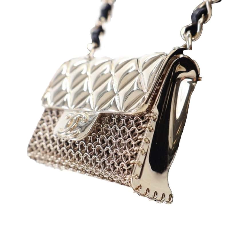 Chanel Leather and Gold Plated Classic Flap Bag Pendant Necklace Gold Metal Good condition - Inside View
