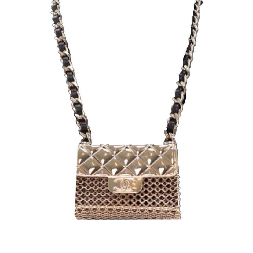 Chanel Leather and Gold Plated Classic Flap Bag Pendant Necklace Gold Metal Good condition - Box View