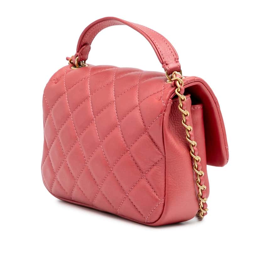 Chanel Quilted Metallic Calfskin Top Handle Flap Pink Leather Good condition - Back View