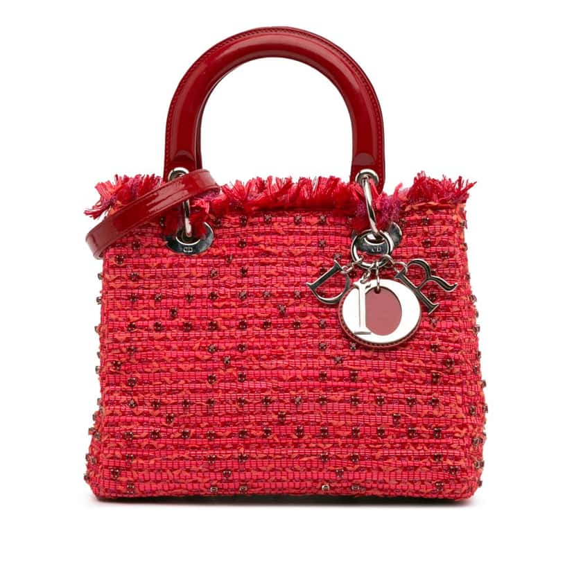 Dior Medium Tweed Fringe Rhinestone Lady Dior Red Tweed Good condition - Front View