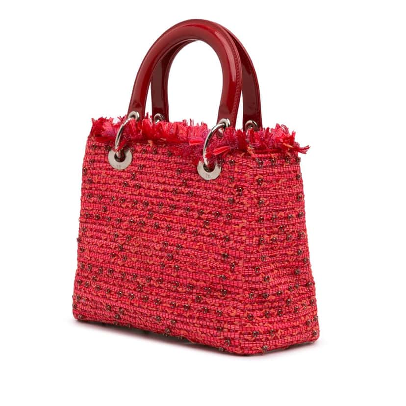 Dior Medium Tweed Fringe Rhinestone Lady Dior Red Tweed Good condition - Back View