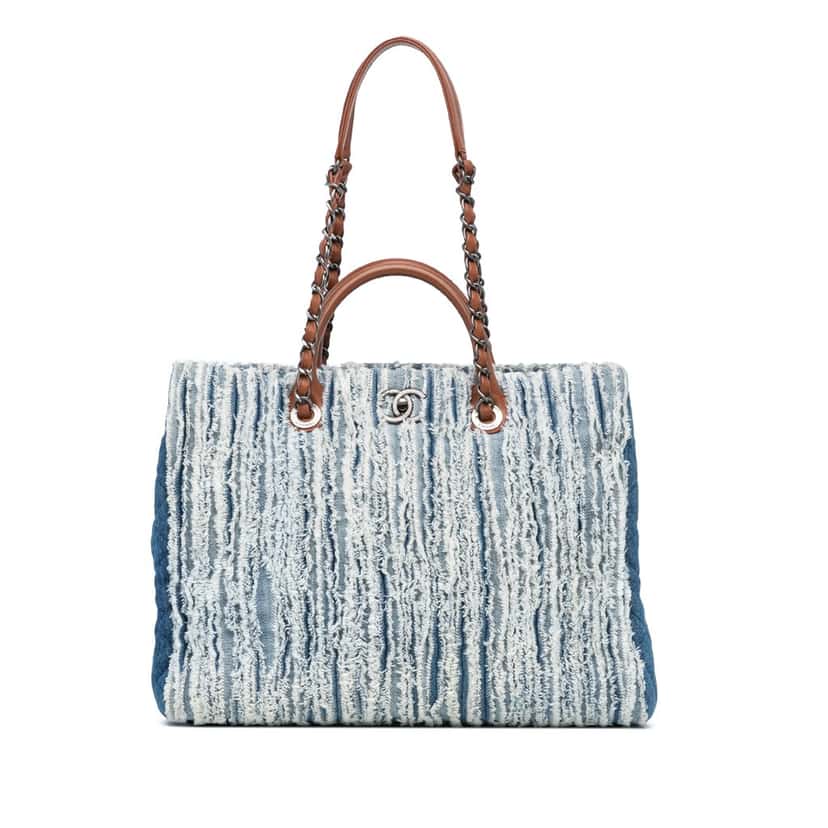 Chanel Large Fringed Denim Shopping Tote Blue Denim Very good condition - Front View