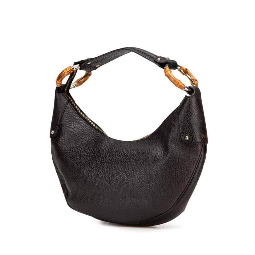 Gucci Pebbled Calfskin Bamboo Ring Hobo Black Leather Good condition - Back View