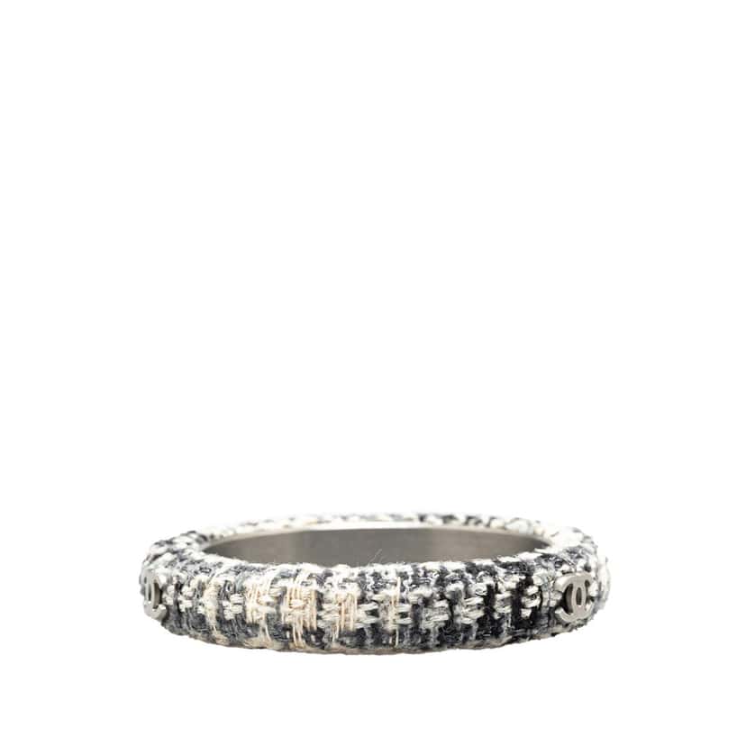 Chanel CC Silver and Tweed Narrow Bangle Grey Tweed Good condition - Back View
